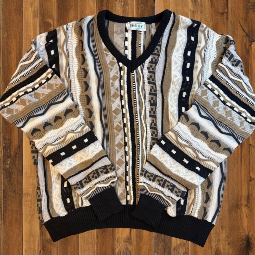 Vintage 90s Coogi-Style 3D Knit Sweater Beige Black Textured Retro
 Sweater - Picture 2 of 6